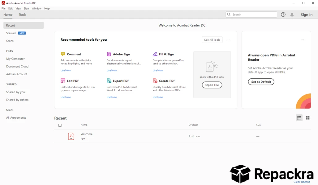 Adobe Acrobat Reader Home Screen Interface Screenshot