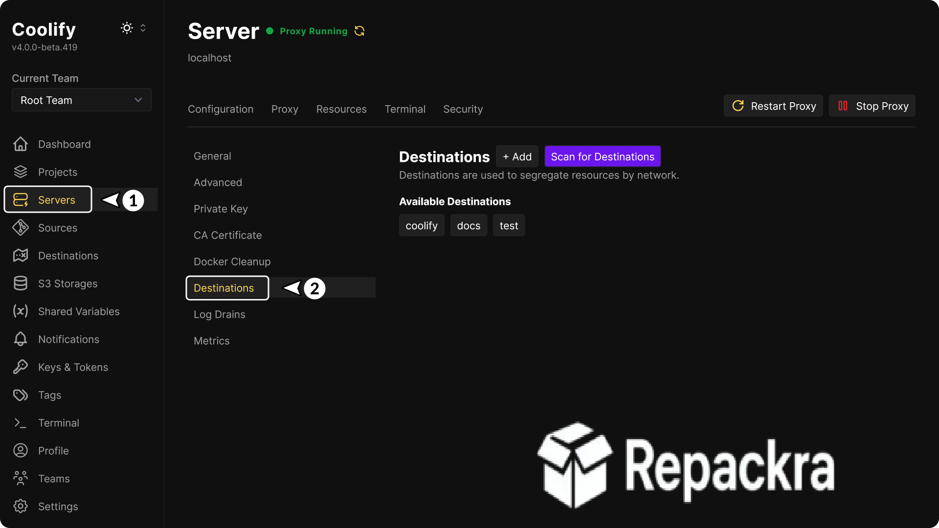 Coolify Server Destinations Configuration Dashboard Screenshot