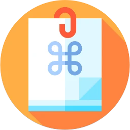 Circular orange application icon displaying a sheet of paper with a Mac command symbol and an orange paperclip.