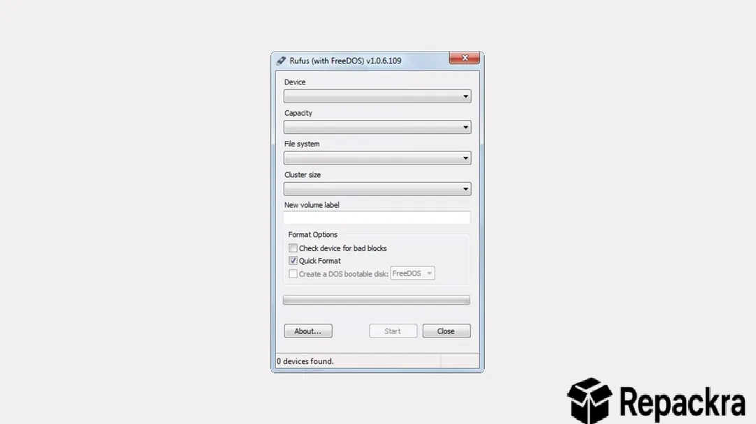 Classic Rufus with FreeDOS software interface on PC showing an empty device selection setup window.