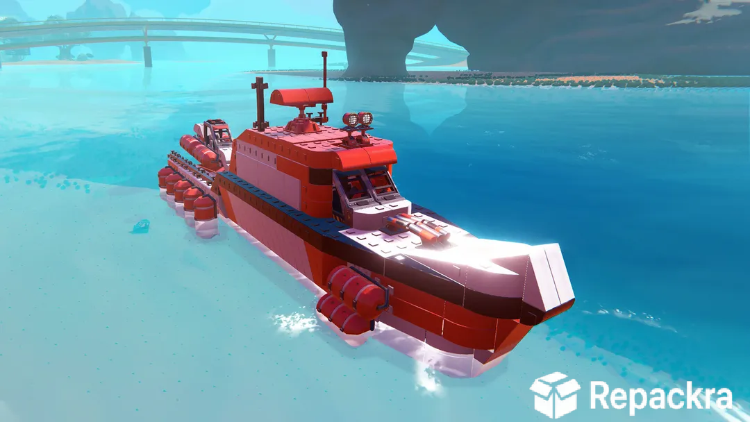 Trailmakers in-game screenshot showcasing a custom-built red and white blocky ship sailing on clear blue water.