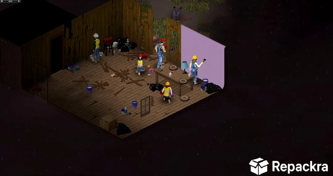 Project Zomboid isometric in-game screenshot showcasing multiple survivors building, painting, and cleaning a wooden shelter at night.