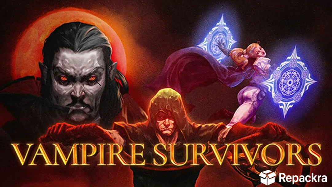 Vampire Survivors official game cover art banner featuring dark fantasy characters.