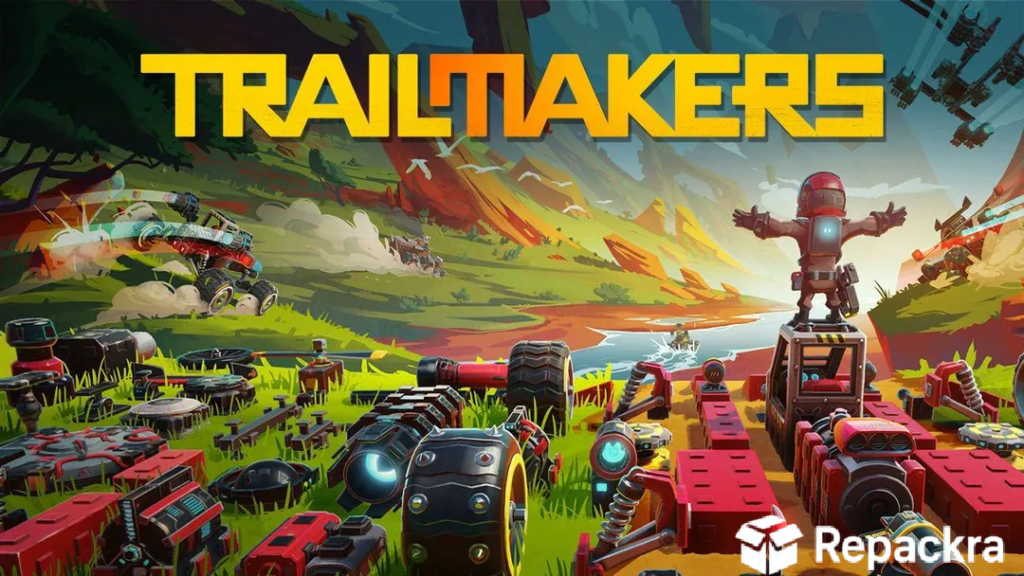 Official Trailmakers game art banner showing custom vehicles driving across a vibrant landscape below a large yellow title.