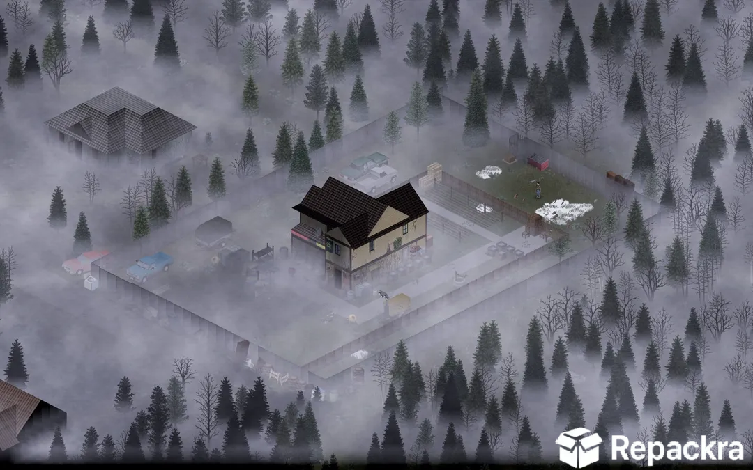 Project Zomboid isometric in-game screenshot showcasing a heavily fortified two-story house base surrounded by fences and a dense foggy forest.