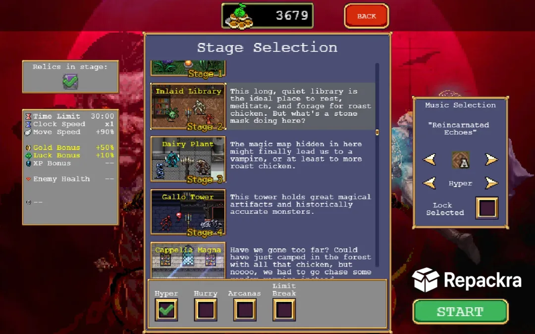 Vampire Survivors gameplay menu showing Stage Selection and level modifier checkboxes.