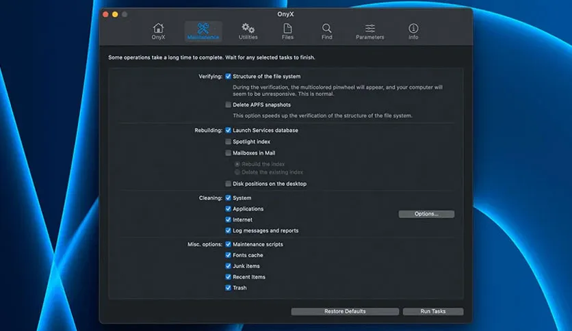 OnyX interface on Mac showing the system maintenance and cleaning optimization panel.