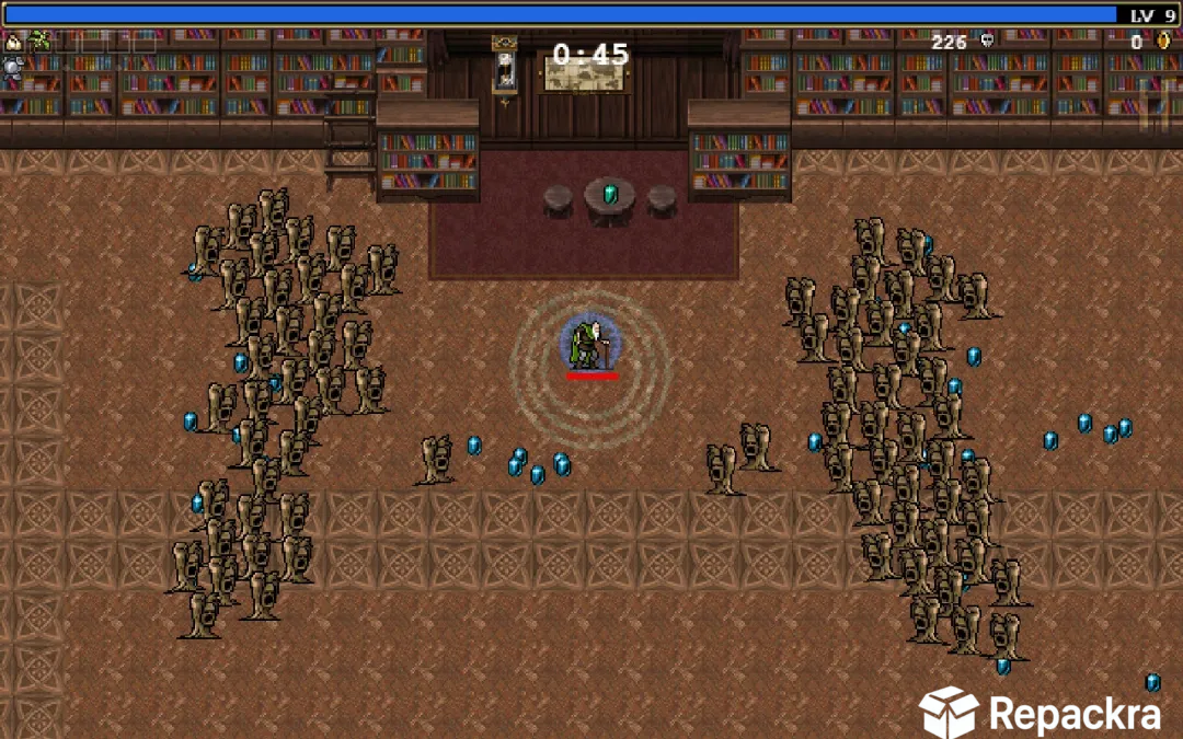 Vampire Survivors pixel art gameplay showing a character surrounded by monster hordes in a library.