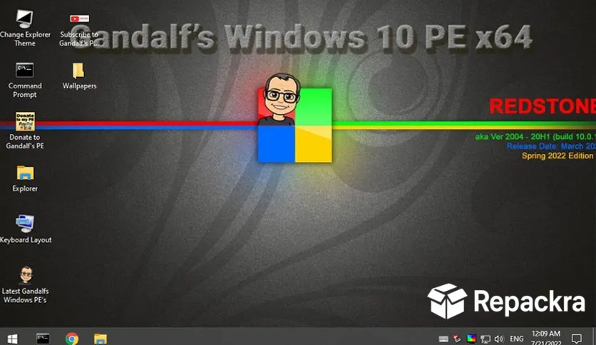 Gandalf’s Windows 10 PE x64 operating system desktop screen displaying diagnostic tools and system shortcuts.