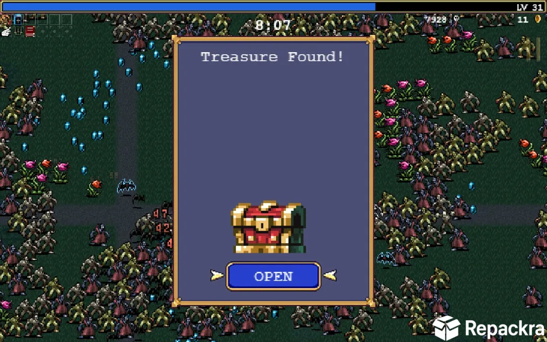 Vampire Survivors gameplay screen showing a Treasure Found reward window with a chest.