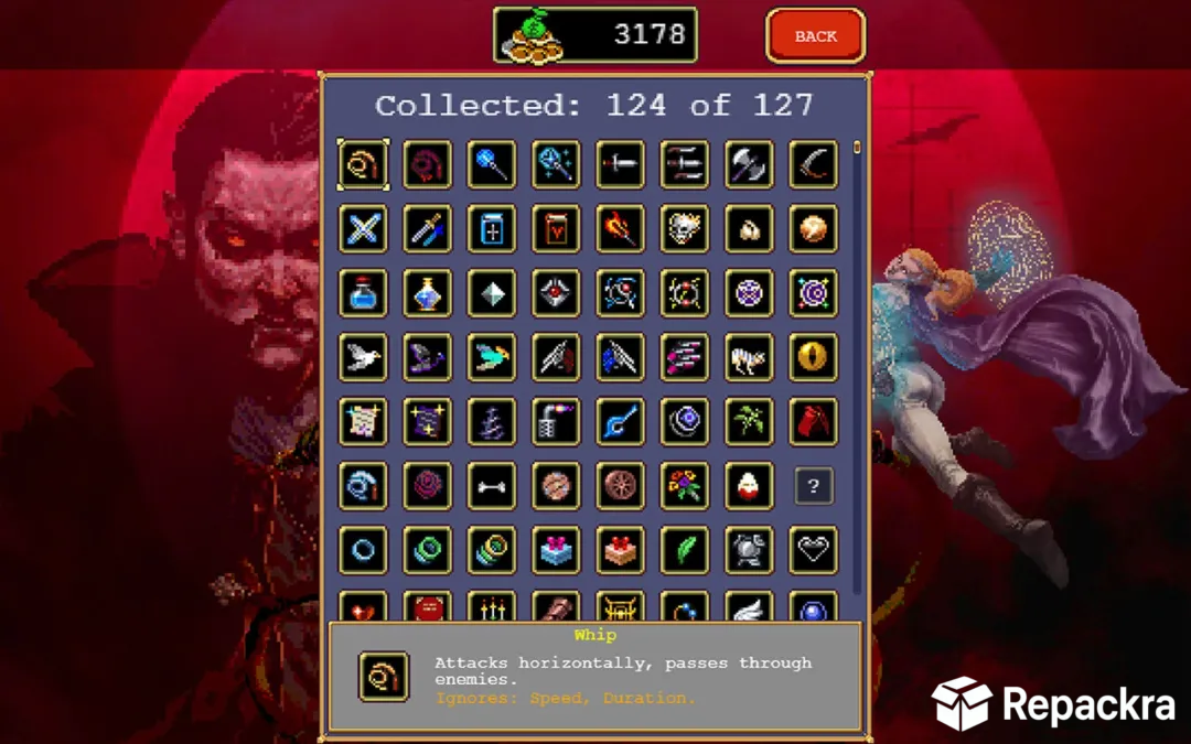 Vampire Survivors collection menu screen showing unlocked items and weapon descriptions.