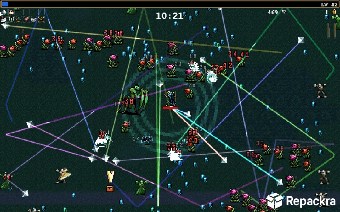 Vampire Survivors gameplay screen showing a character emitting complex laser lines against monster waves.