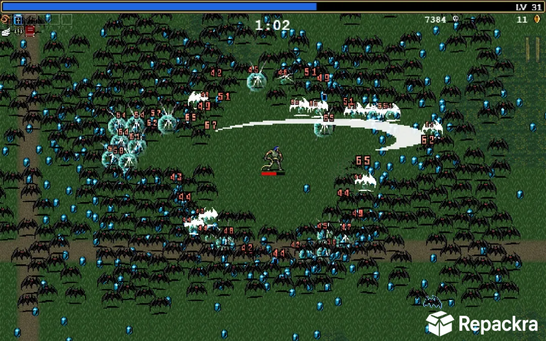 Vampire Survivors pixel art gameplay showing a character slashing through a massive bat swarm.