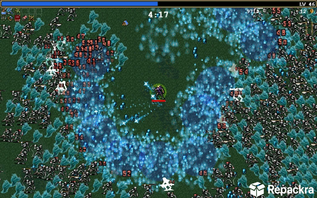 Vampire Survivors gameplay screen showing a character casting blue magic freeze spells against a skeleton horde.