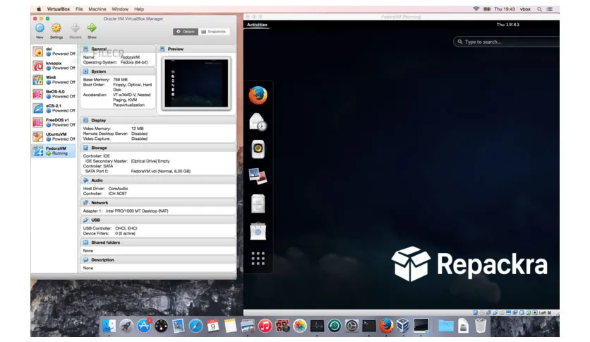 Oracle VM VirtualBox Manager window active on a desktop interface running a Fedora Linux guest VM.