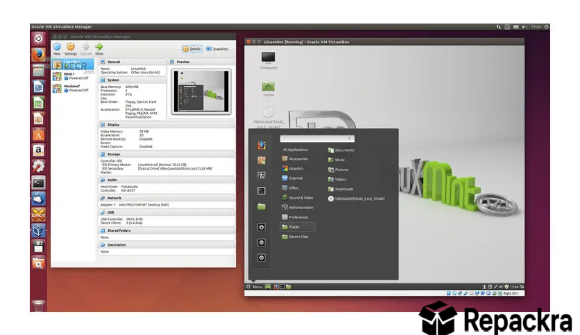 Oracle VM VirtualBox interface running a Linux Mint guest virtual machine with its start menu open.