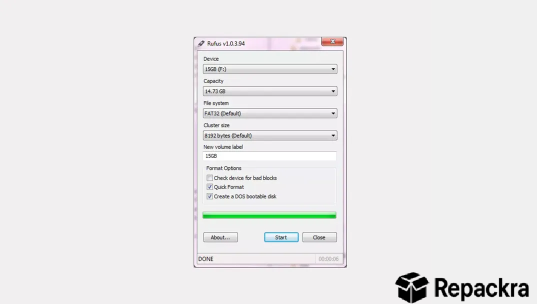 Rufus USB formatting tool interface on PC showing a completed process with status set to DONE.