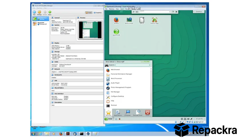 Oracle VM VirtualBox interface running an openSUSE guest virtual machine on Windows.