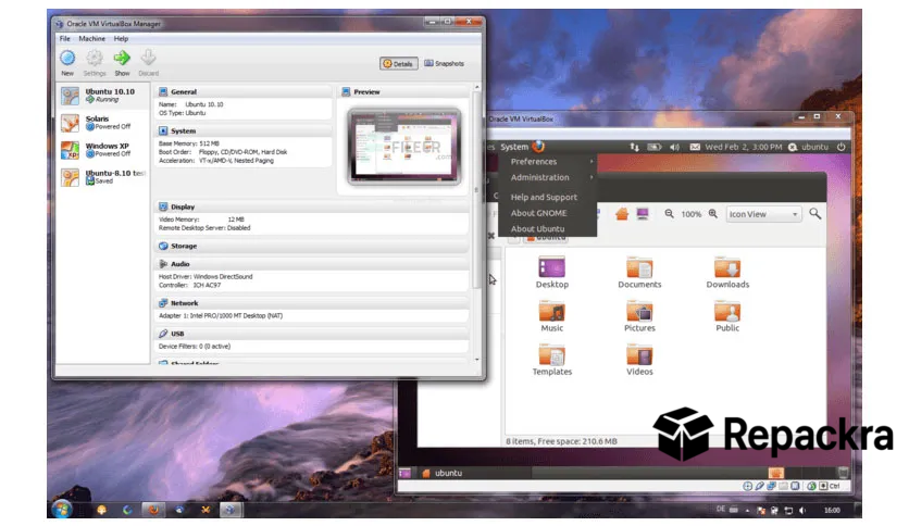 Oracle VM VirtualBox Manager window open alongside a running Ubuntu Linux guest virtual machine.