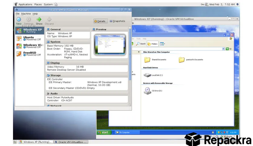 Oracle VM VirtualBox Manager window open alongside an active Windows XP guest virtual machine.