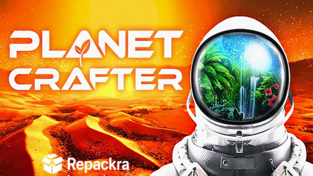 The Planet Crafter game banner showing an astronaut helmet reflecting a green terraformed environment against a barren orange desert landscape.