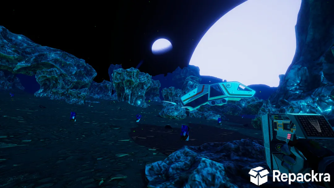 First-person gameplay view in The Planet Crafter showing a small spaceship landed on an alien moon terrain.