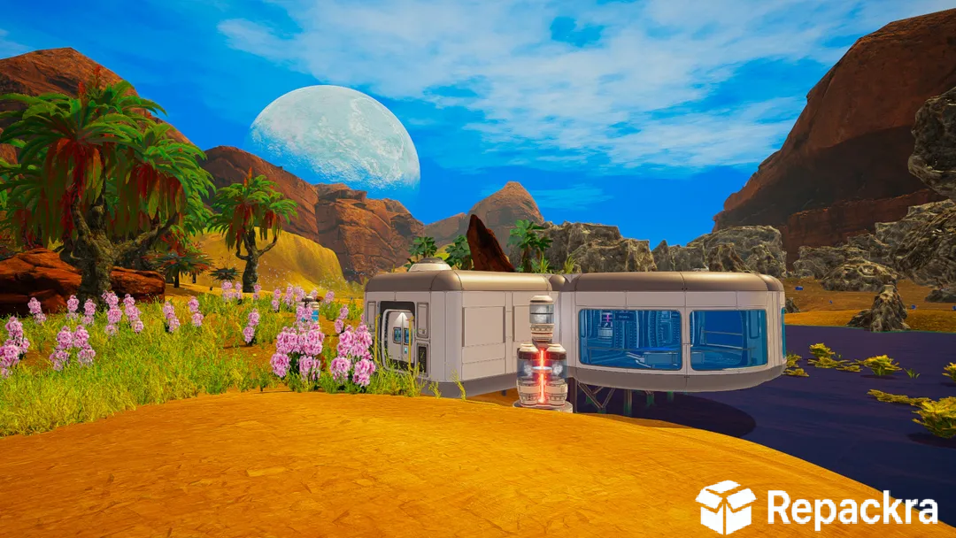 Modular planetary habitat base built next to a lake with pink flowers and a large moon in The Planet Crafter.