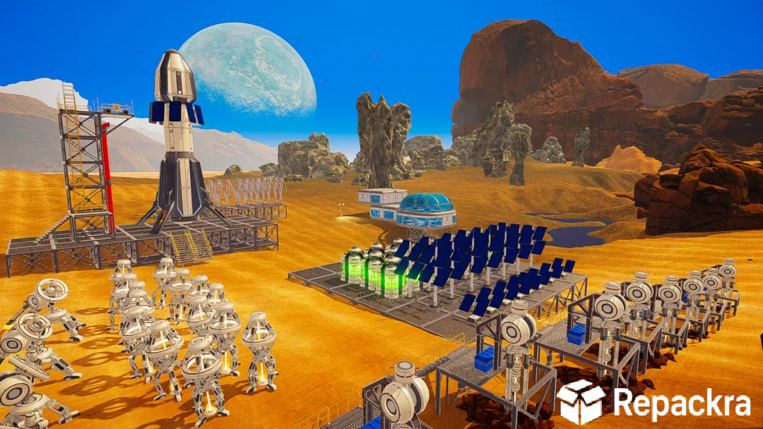 Advanced player base with a space rocket launchpad and solar panel arrays in The Planet Crafter.