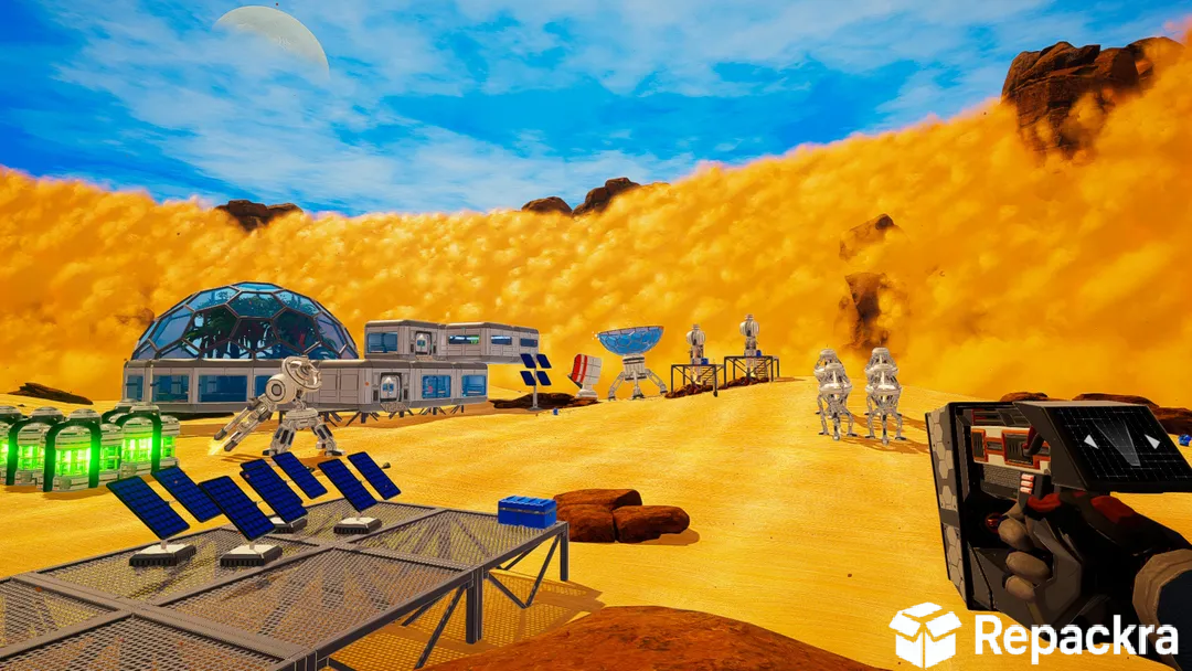 First-person gameplay view of a modular player base with solar panels near a massive sand wall in The Planet Crafter.