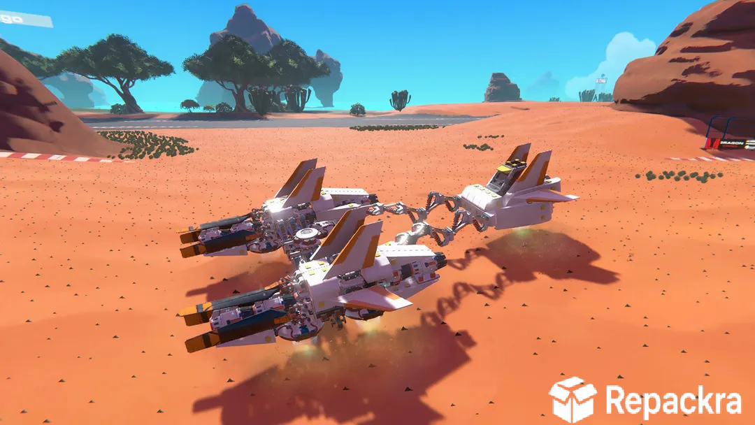 Trailmakers in-game screenshot showcasing a custom white and orange pod racer hovering over a desert track.