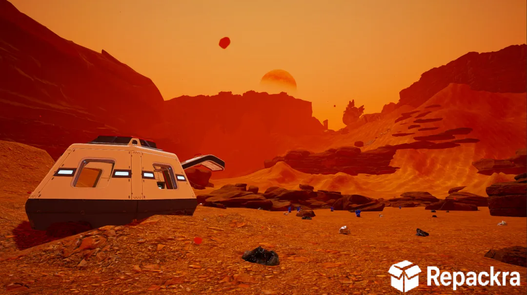 Starting escape pod crashed on a barren orange desert landscape in The Planet Crafter.
