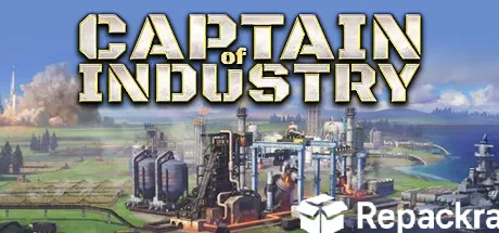 Captain of Industry game banner showing an industrial factory layout near the coast with a cargo ship.