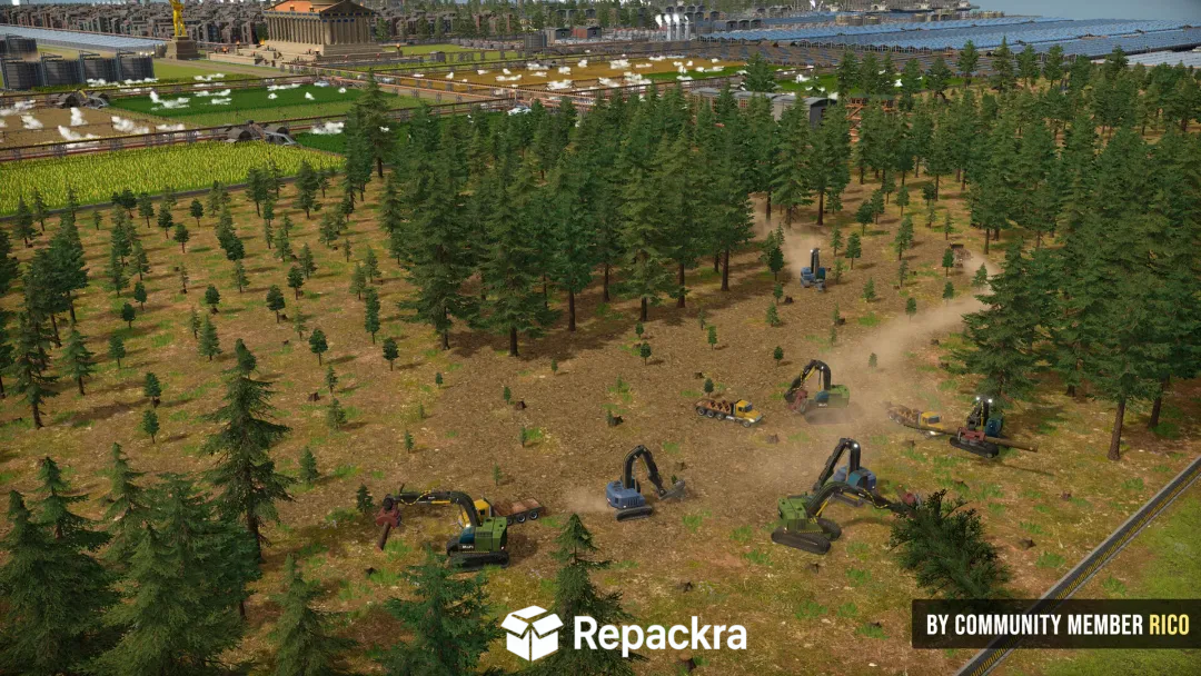 Heavy excavators harvesting wood in a dense pine forest near a city grid in Captain of Industry.