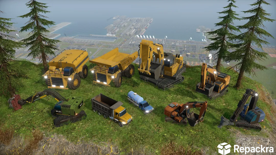 Heavy industrial vehicles, excavators, and dump trucks parked on a grassy hill in Captain of Industry.