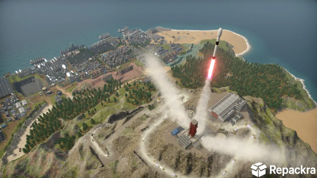 Aerial gameplay view of a space rocket launching from a mountain pad above a coastal city in Captain of Industry.