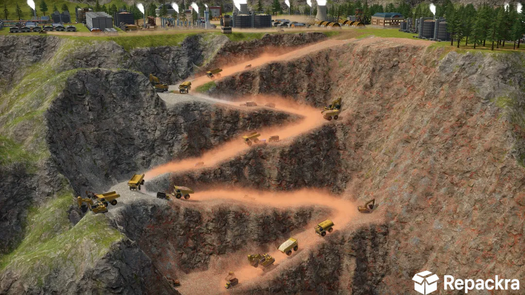 Heavy dump trucks and excavators navigating a zigzag dirt path down a massive open-pit mine in Captain of Industry.