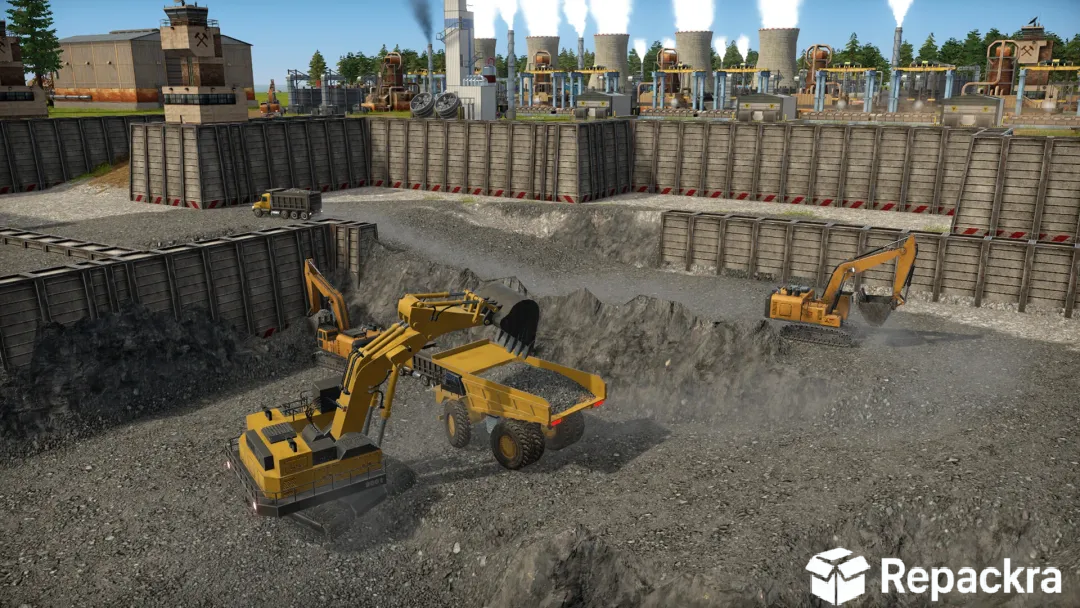 Heavy excavators digging gravel into a dump truck inside concrete retaining walls in Captain of Industry.