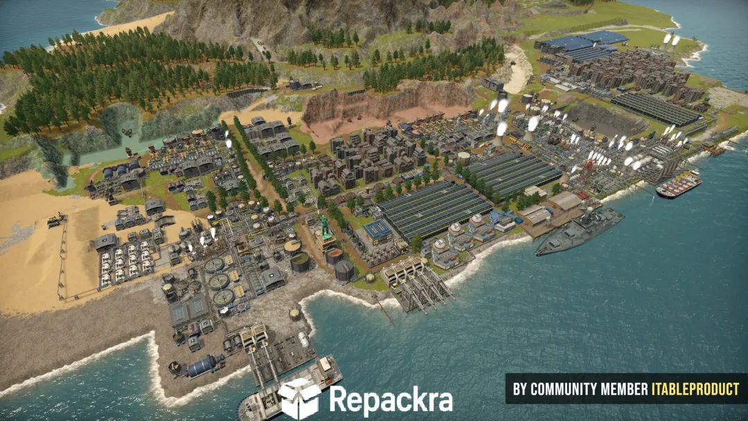 High-angle view of a large coastal industrial settlement layout with cargo ships and cargo docks in Captain of Industry.