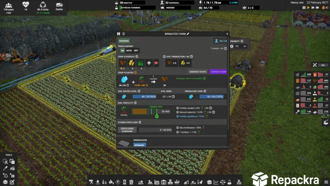 Irrigated farm crop menu showing soil fertility and water level statistics in Captain of Industry.