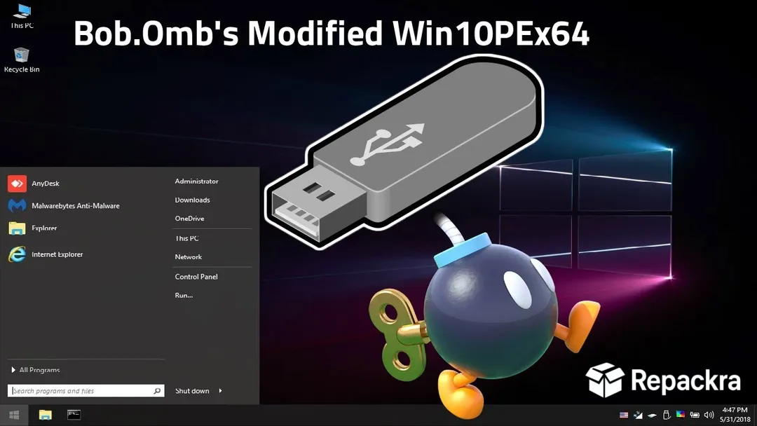 Desktop interface of Bob.Omb's Modified Win10PEx64 with a USB flash drive graphic and a Bob-omb character.