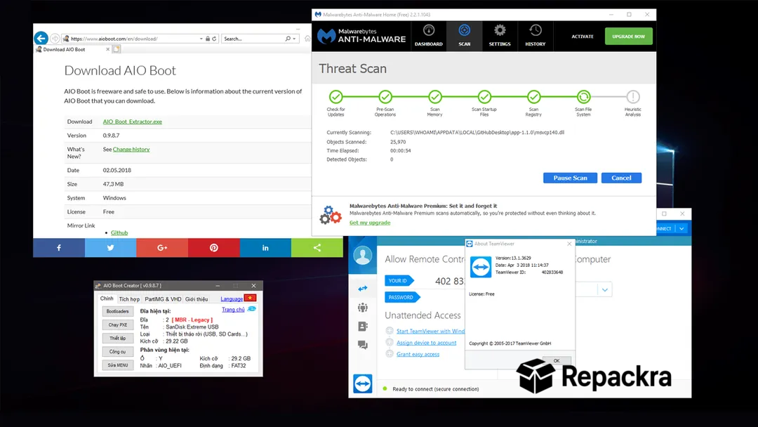 Desktop workspace in Bob.Omb's Win10PE showing active windows for Malwarebytes, TeamViewer, and AIO Boot.