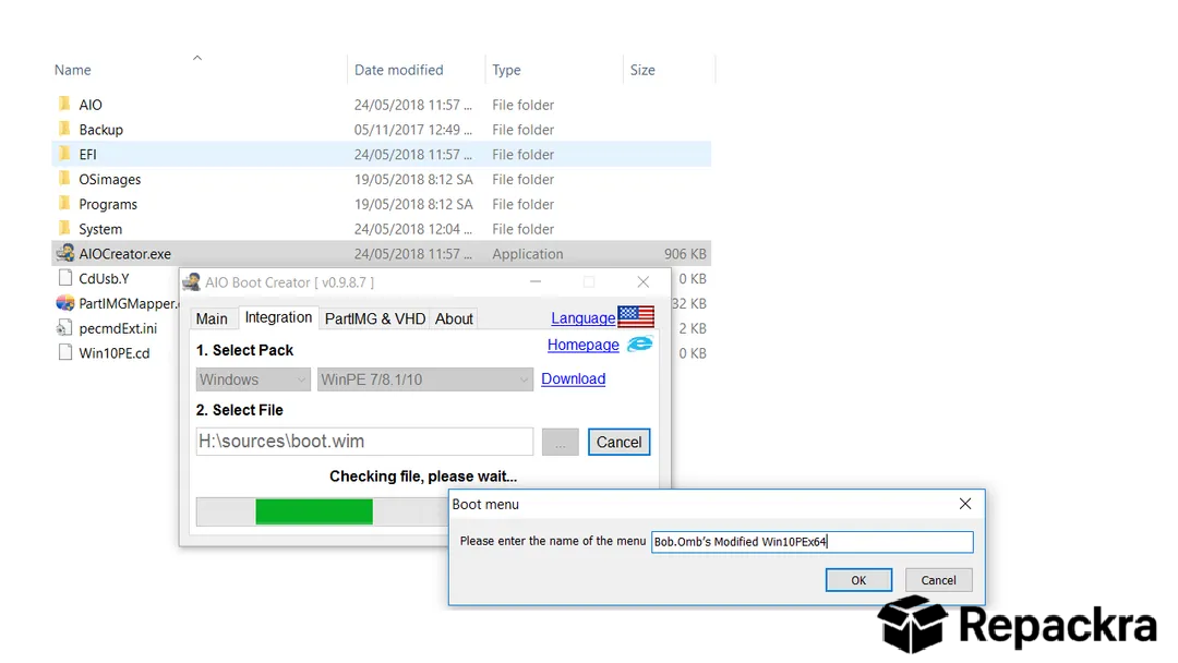AIO Boot Creator utility integration menu configuring Bob.Omb's Modified Win10PEx64 wim file.