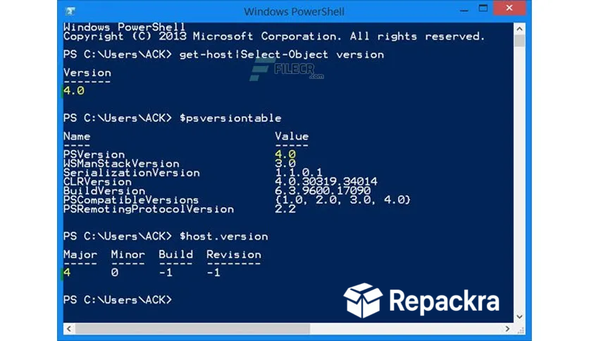 Windows PowerShell command prompt showing version verification details in a blue terminal window.