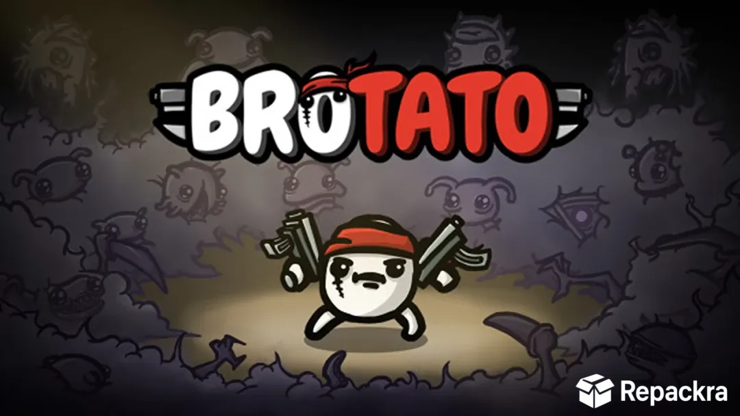 Official Brotato video game cover art featuring a potato character holding two guns surrounded by alien enemies.