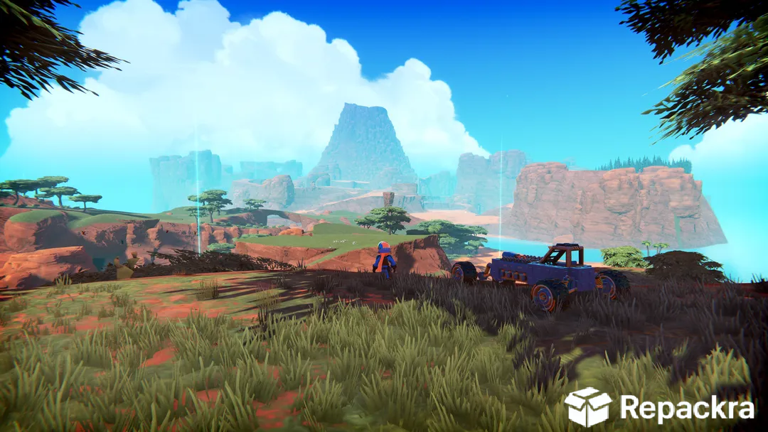 Trailmakers in-game screenshot showcasing a character and a custom off-road buggy overlooking a vast canyon landscape.