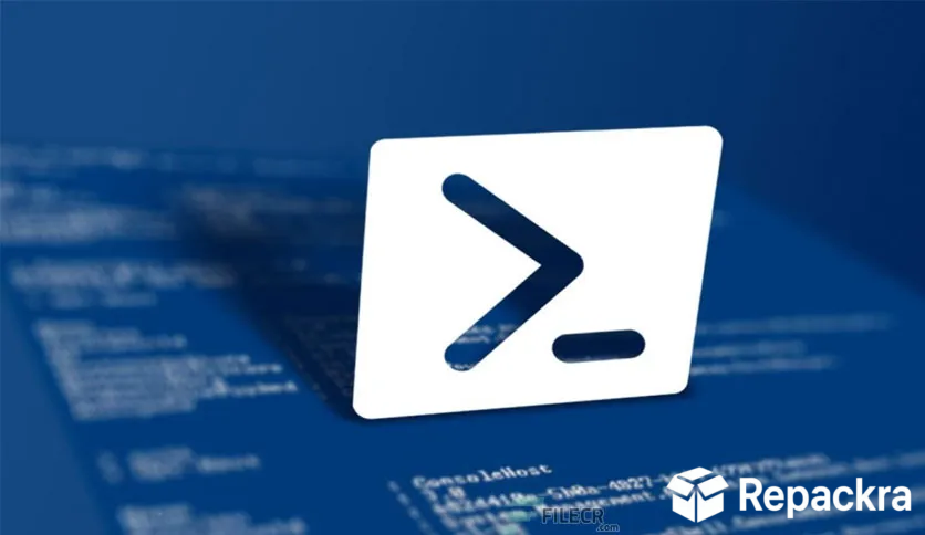 White PowerShell terminal command prompt icon overlaying a blurred blue script code background.