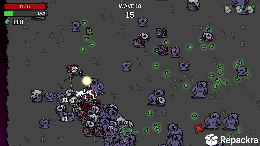 Brotato gameplay screenshot on PC showing the character battling a large crowd of purple alien enemies during wave 10.