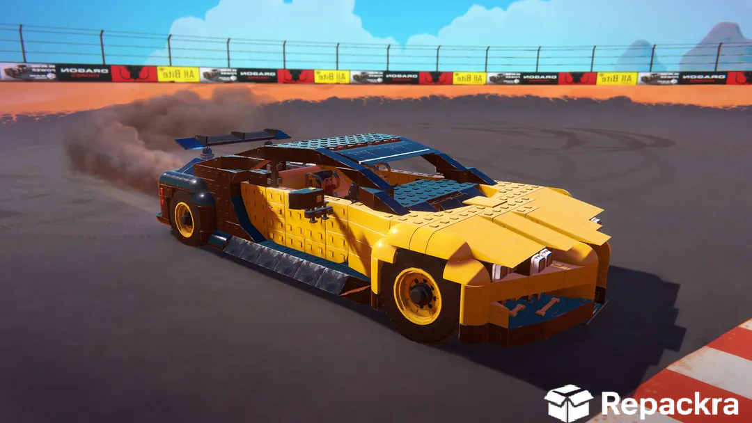 Trailmakers in-game screenshot showcasing a custom-built yellow and black sports car drifting on a race track.