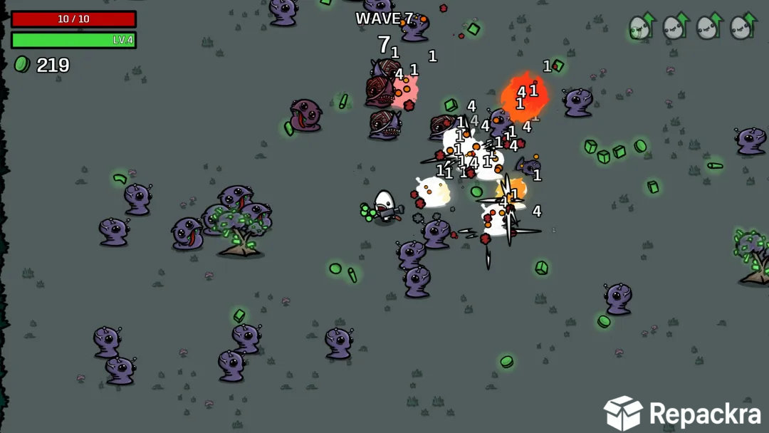 Brotato gameplay screenshot on PC showing the character fighting alien enemies during wave 7.
