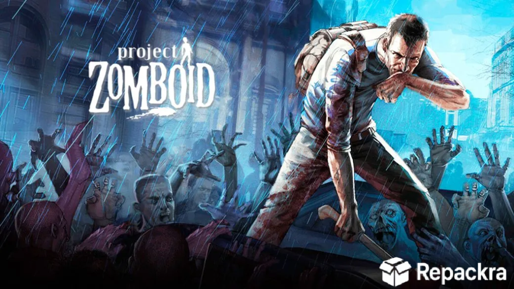 Official Project Zomboid game art banner showing a male survivor holding a weapon in heavy rain surrounded by zombies.